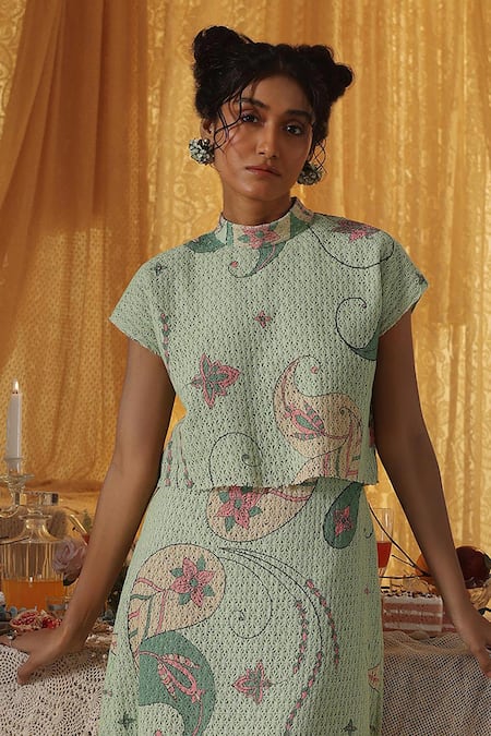Kritika Murarka Mint Cotton, Net Embroidery Mandarin Collar Green skirt Top Set Online at Aza Fashions Kritika Murarka_Mint Cotton, Net Embroidery Mandarin Collar Green skirt Top Set _Online_at_Aza_Fashions