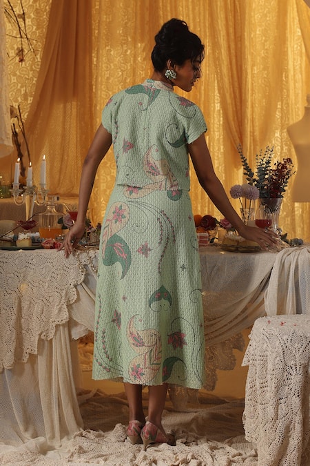 Shop Kritika Murarka Mint Cotton, Net Embroidery Mandarin Collar Green skirt Top Set at Aza Fashions Shop_Kritika Murarka_Mint Cotton, Net Embroidery Mandarin Collar Green skirt Top Set _at_Aza_Fashions