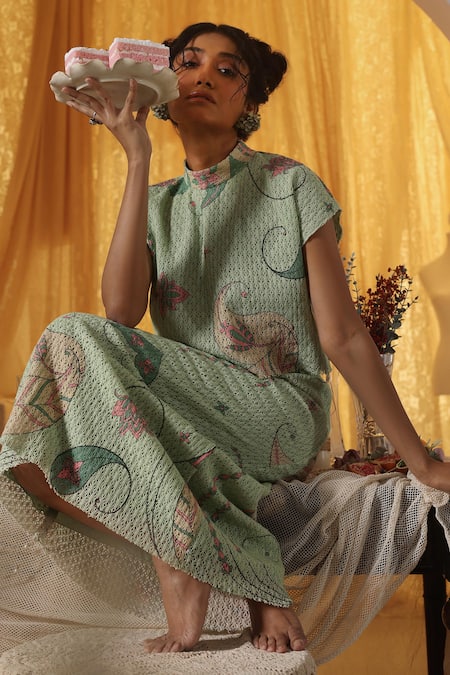 Buy Kritika Murarka Mint Cotton, Net Embroidery Mandarin Collar Green skirt Top Set Online at Aza Fashions Buy_Kritika Murarka_Mint Cotton, Net Embroidery Mandarin Collar Green skirt Top Set _Online_at_Aza_Fashions