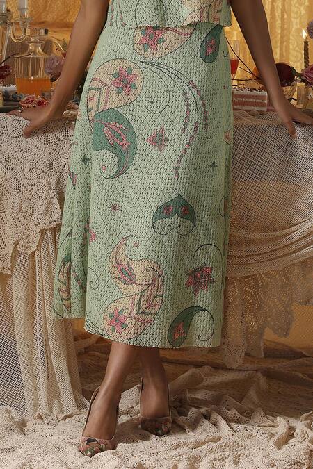 Shop Kritika Murarka Mint Cotton, Net Embroidery Mandarin Collar Green skirt Top Set Online at Aza Fashions Shop_Kritika Murarka_Mint Cotton, Net Embroidery Mandarin Collar Green skirt Top Set _Online_at_Aza_Fashions