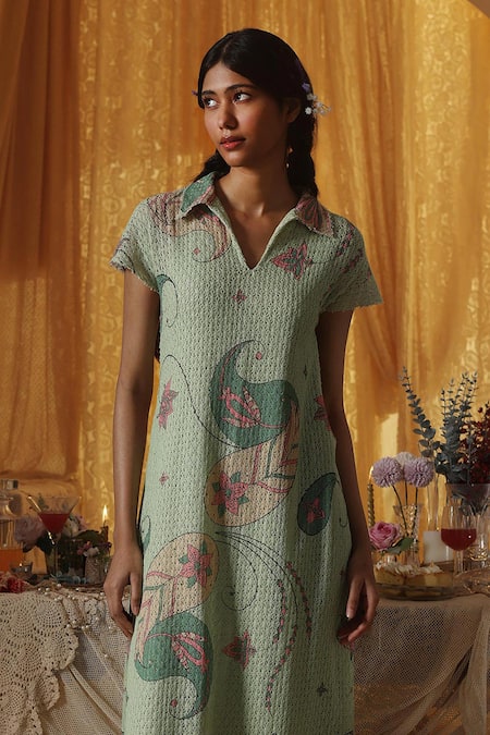 Kritika Murarka_Mint Cotton Collared Green Net Maxi Dress _Online_at_Aza_Fashions