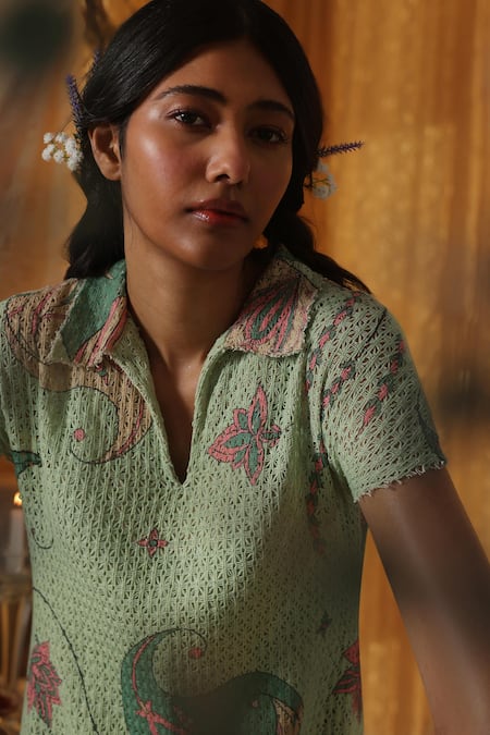 Buy_Kritika Murarka_Mint Cotton Collared Green Net Maxi Dress _Online_at_Aza_Fashions