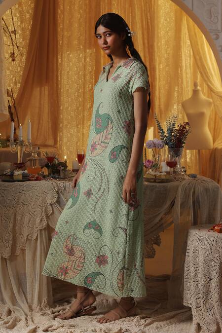 Shop_Kritika Murarka_Mint Cotton Collared Green Net Maxi Dress _Online_at_Aza_Fashions