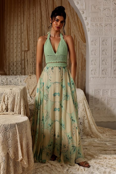 Kritika Murarka Mint Chiffon Halter Neck Circle Print Crochet Bralette Maxi Dress 