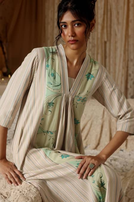 Kritika Murarka Mint Chiffon, Cotton Embroidery V-neck Circle Stripe Panel dress Online at Aza Fashions Kritika Murarka_Mint Chiffon, Cotton Embroidery V-neck Circle Stripe Panel dress _Online_at_Aza_Fashions