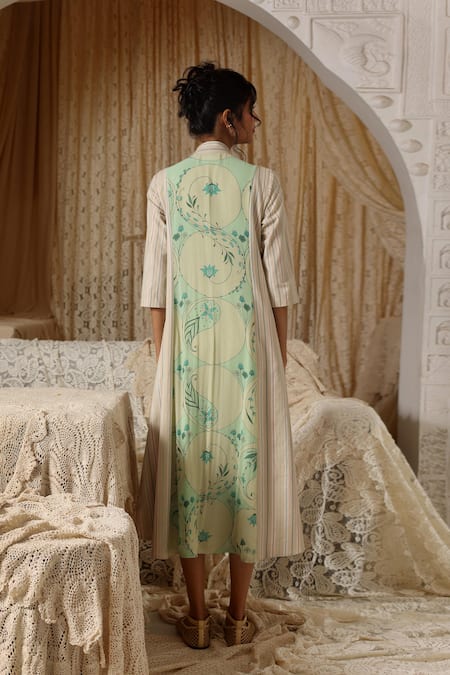 Shop Kritika Murarka Mint Chiffon, Cotton Embroidery V-neck Circle Stripe Panel dress at Aza Fashions Shop_Kritika Murarka_Mint Chiffon, Cotton Embroidery V-neck Circle Stripe Panel dress _at_Aza_Fashions