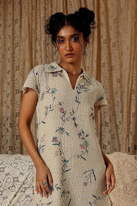 Kritika Murarka Beige Cotton Embroidery Collared Floral Net Maxi Dress Online at Aza Fashions Kritika Murarka_Beige Cotton Embroidery Collared Floral Net Maxi Dress _Online_at_Aza_Fashions