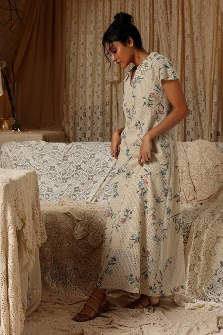Buy Kritika Murarka Beige Cotton Embroidery Collared Floral Net Maxi Dress Online at Aza Fashions Buy_Kritika Murarka_Beige Cotton Embroidery Collared Floral Net Maxi Dress _Online_at_Aza_Fashions