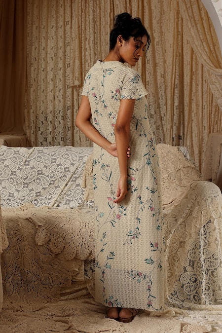 Shop Kritika Murarka Beige Cotton Embroidery Collared Floral Net Maxi Dress at Aza Fashions Shop_Kritika Murarka_Beige Cotton Embroidery Collared Floral Net Maxi Dress _at_Aza_Fashions