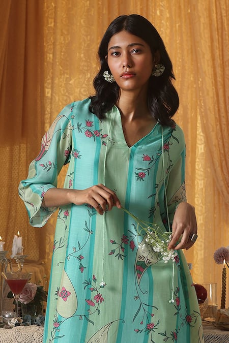 Buy Kritika Murarka Mint Cotton, Silk Embroidery Split V-neck Blue Stripe Dress Online at Aza Fashions Buy_Kritika Murarka_Mint Cotton, Silk Embroidery Split V-neck Blue Stripe Dress _Online_at_Aza_Fashions