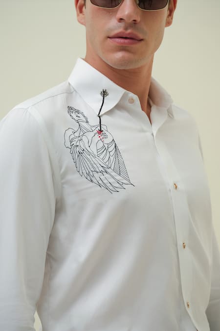 Shop_Amrit Dawani_White Cotton Embroidery Wounded Angel Shirt _Online_at_Aza_Fashions