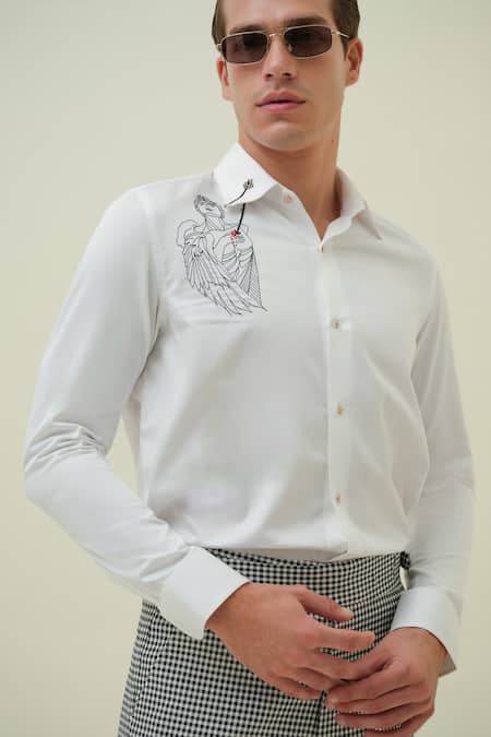 Amrit Dawani_White Cotton Embroidery Wounded Angel Shirt _at_Aza_Fashions