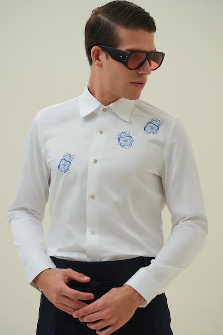Amrit Dawani White Cotton Embroidery Beetle Shirt 