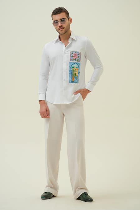 Amrit Dawani_White Cotton Embroidery Rose And Landscape Patch Shirt _Online_at_Aza_Fashions