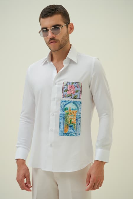 Amrit Dawani White Cotton Embroidery Rose And Landscape Patch Shirt