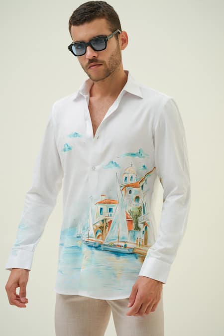 Amrit Dawani_White Cotton Vacation Hand Painted Shirt _Online_at_Aza_Fashions