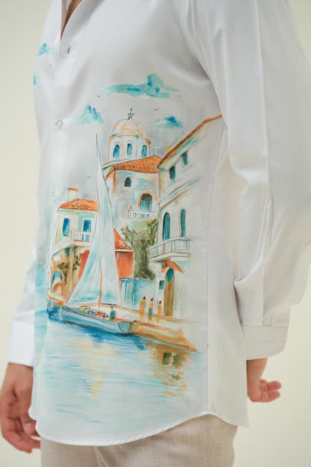 Buy_Amrit Dawani_White Cotton Vacation Hand Painted Shirt _Online_at_Aza_Fashions