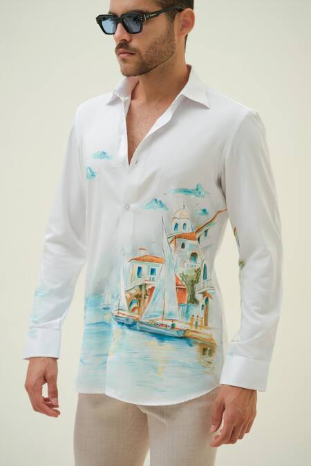 Shop_Amrit Dawani_White Cotton Vacation Hand Painted Shirt _Online_at_Aza_Fashions