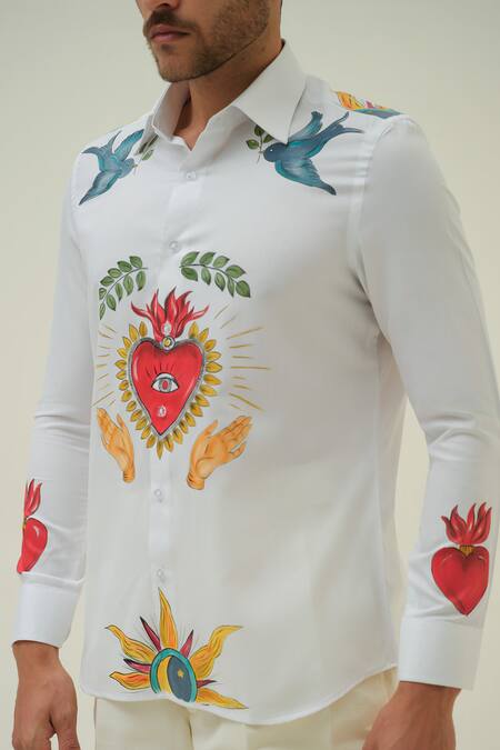 Amrit Dawani_White Cotton Heart Hand Painted Shirt _Online_at_Aza_Fashions