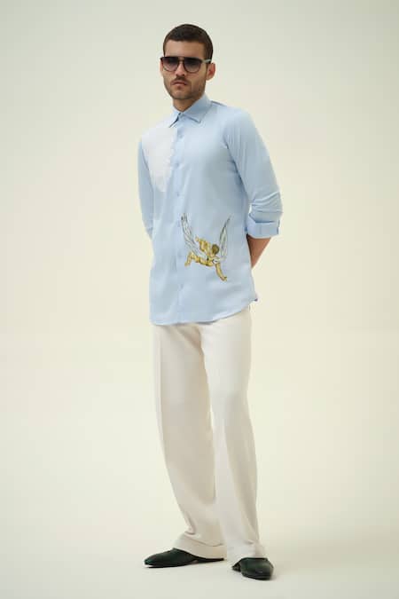 Amrit Dawani_Blue Cotton Embroidery Falling Angel Hand Painted Shirt _Online_at_Aza_Fashions