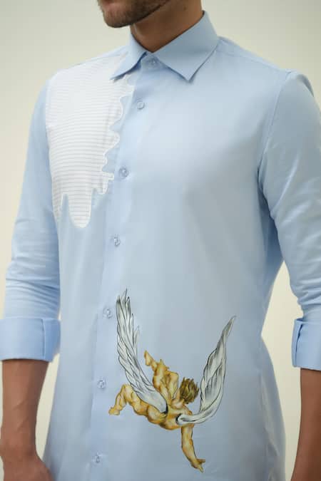 Buy_Amrit Dawani_Blue Cotton Embroidery Falling Angel Hand Painted Shirt _Online_at_Aza_Fashions