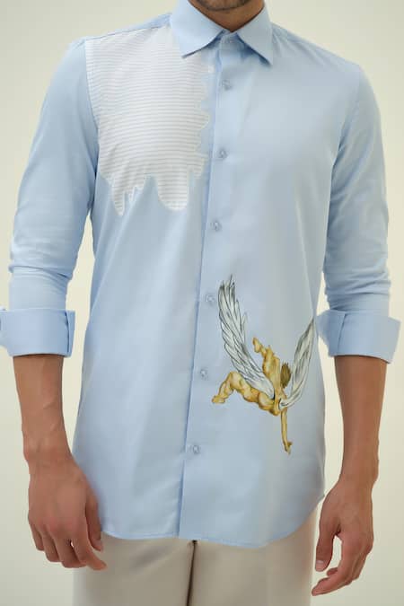 Shop_Amrit Dawani_Blue Cotton Embroidery Falling Angel Hand Painted Shirt _Online_at_Aza_Fashions