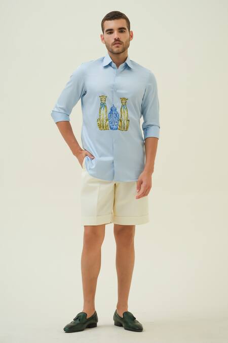 Amrit Dawani_Blue Cotton Leapords And Jar Hand Painted Shirt _Online_at_Aza_Fashions