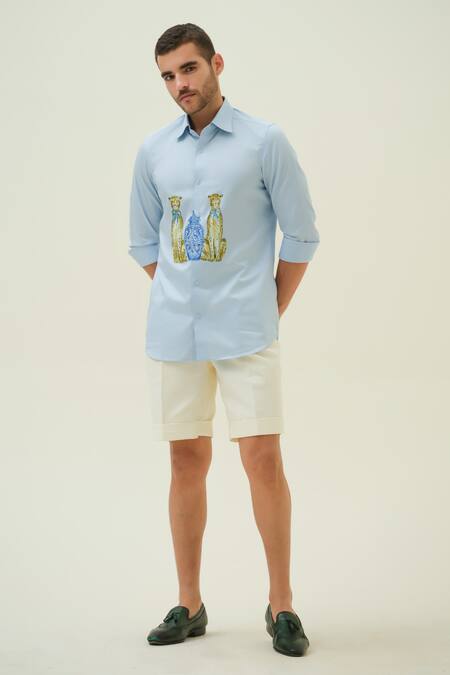 Buy_Amrit Dawani_Blue Cotton Leapords And Jar Hand Painted Shirt _Online_at_Aza_Fashions