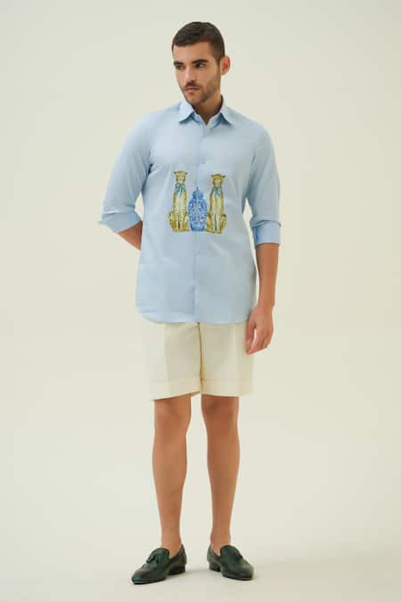 Shop_Amrit Dawani_Blue Cotton Leapords And Jar Hand Painted Shirt _Online_at_Aza_Fashions