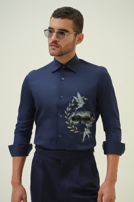 Amrit Dawani_Blue Cotton Statue Hand Painted Shirt _Online_at_Aza_Fashions