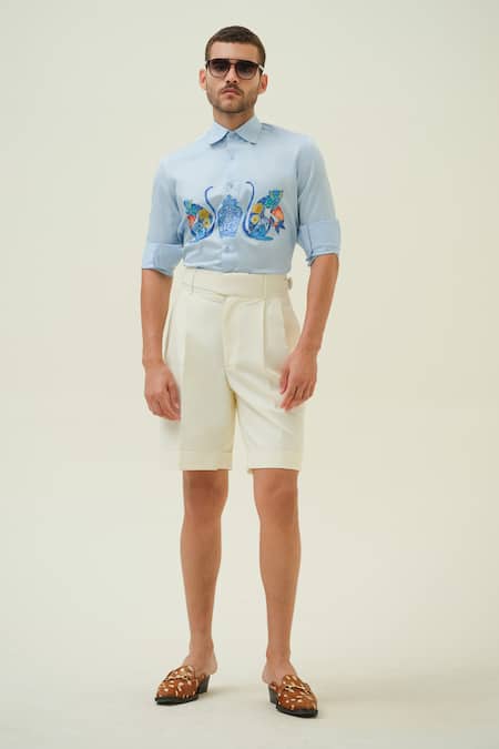 Amrit Dawani_Blue Cotton Monkeys And Jar Hand Painted Shirt _Online_at_Aza_Fashions