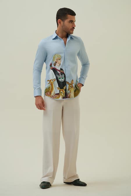 Amrit Dawani_Blue Cotton European Warrior Hand Painted Shirt _Online_at_Aza_Fashions
