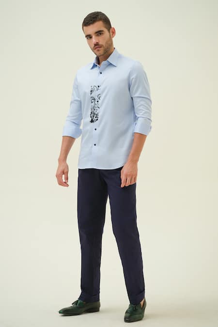 Amrit Dawani_Blue Cotton Embroidery Renaissance Face Shirt _Online_at_Aza_Fashions