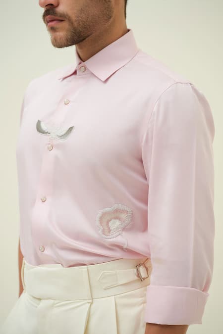 Amrit Dawani_Pink Cotton Embroidery Bug And Flower Shirt _Online_at_Aza_Fashions