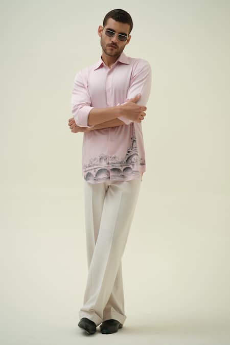 Amrit Dawani_Pink Cotton Eiffel Hand Painted Shirt _Online_at_Aza_Fashions