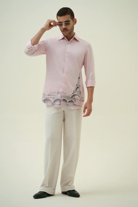 Shop_Amrit Dawani_Pink Cotton Eiffel Hand Painted Shirt _Online_at_Aza_Fashions