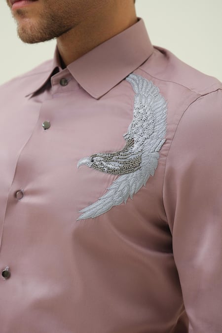 Amrit Dawani_Mauve Cotton Embroidery Eagle Hand Shirt _Online_at_Aza_Fashions