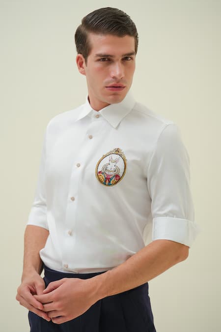 Shop_Amrit Dawani_White Cotton Embroidery Bunny Hand Shirt _Online_at_Aza_Fashions