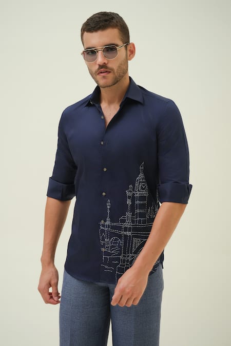 Amrit Dawani_Blue Cotton Embroidery London Cityscape Shirt _Online_at_Aza_Fashions