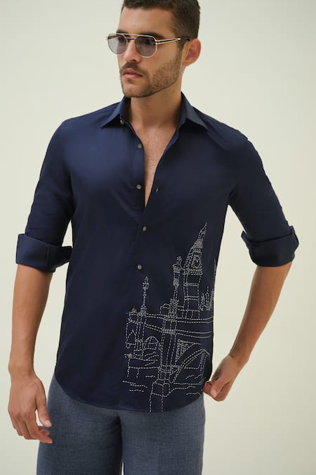 Buy_Amrit Dawani_Blue Cotton Embroidery London Cityscape Shirt _Online_at_Aza_Fashions