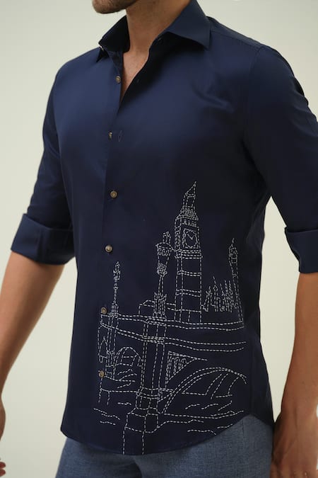 Shop_Amrit Dawani_Blue Cotton Embroidery London Cityscape Shirt _Online_at_Aza_Fashions