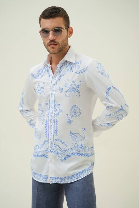 Amrit Dawani_White Cotton Abstract Hand Painted Shirt _Online_at_Aza_Fashions