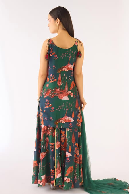 Shop Basanti - Kapde Aur Koffee Green Crepe, Net Beads, Embroidery Scoop Neck Sharara Set at Aza Fashions Shop_Basanti - Kapde Aur Koffee_Green Crepe, Net Beads, Embroidery Scoop Neck Sharara Set_at_Aza_Fashions