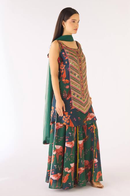 Basanti - Kapde Aur Koffee Green Crepe, Net Beads, Embroidery Scoop Neck Sharara Set Online at Aza Fashions Basanti - Kapde Aur Koffee_Green Crepe, Net Beads, Embroidery Scoop Neck Sharara Set_Online_at_Aza_Fashions