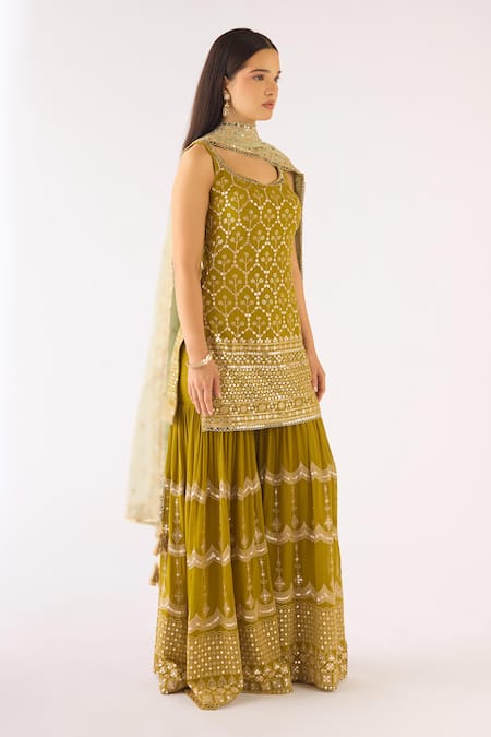 Basanti - Kapde Aur Koffee_Green Georgette Sequins, Zari Scoop Neck Lime Embroidered Sharara Set_Online_at_Aza_Fashions