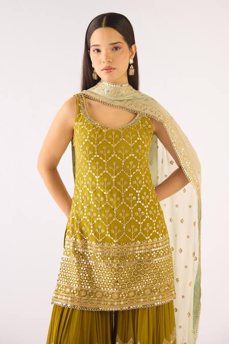 Buy_Basanti - Kapde Aur Koffee_Green Georgette Sequins, Zari Scoop Neck Lime Embroidered Sharara Set_Online_at_Aza_Fashions