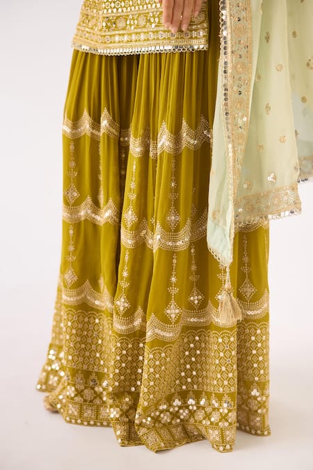 Shop_Basanti - Kapde Aur Koffee_Green Georgette Sequins, Zari Scoop Neck Lime Embroidered Sharara Set_Online_at_Aza_Fashions