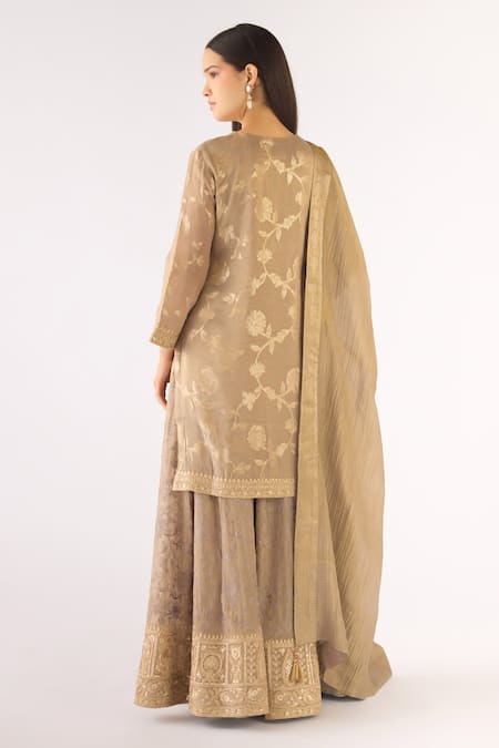 Shop Basanti - Kapde Aur Koffee Beige Tissue Sequins, Embroidery Scoop Neck Banarasi Kurta Sharara Set at Aza Fashions Shop_Basanti - Kapde Aur Koffee_Beige Tissue Sequins, Embroidery Scoop Neck Banarasi Kurta Sharara Set_at_Aza_Fashions