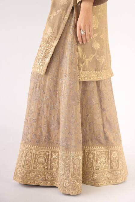 Shop Basanti - Kapde Aur Koffee Beige Tissue Sequins, Embroidery Scoop Neck Banarasi Kurta Sharara Set Online at Aza Fashions Shop_Basanti - Kapde Aur Koffee_Beige Tissue Sequins, Embroidery Scoop Neck Banarasi Kurta Sharara Set_Online_at_Aza_Fashions