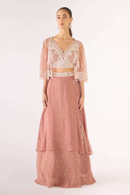 Basanti - Kapde Aur Koffee Pink Georgette Beads, Cut Work V-, Round Embroidered Lehenga Set